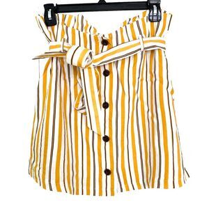 TEC Vici Dolls Yellow White Vertical Striped Button Tie Waist Mini Skirt Medium